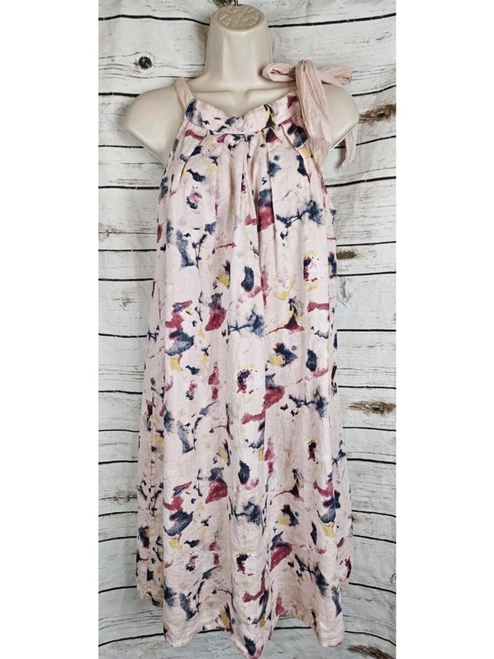 Bellambia Pink Floral 100% Linen Shift Dress M Italy Tie Neckline